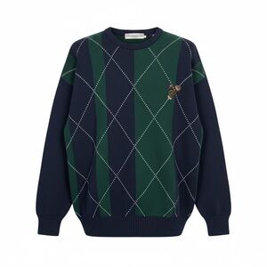 John Ashford Golf Navy Green Argyle Embroidered Sweater Large EUC